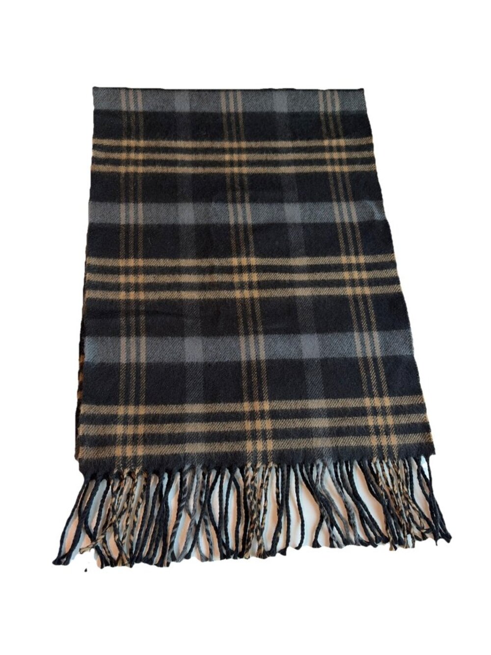 Vintage 100% Cashmere Plaid Scarf Unisex 68X12" Black Plaid Fringe Scotland